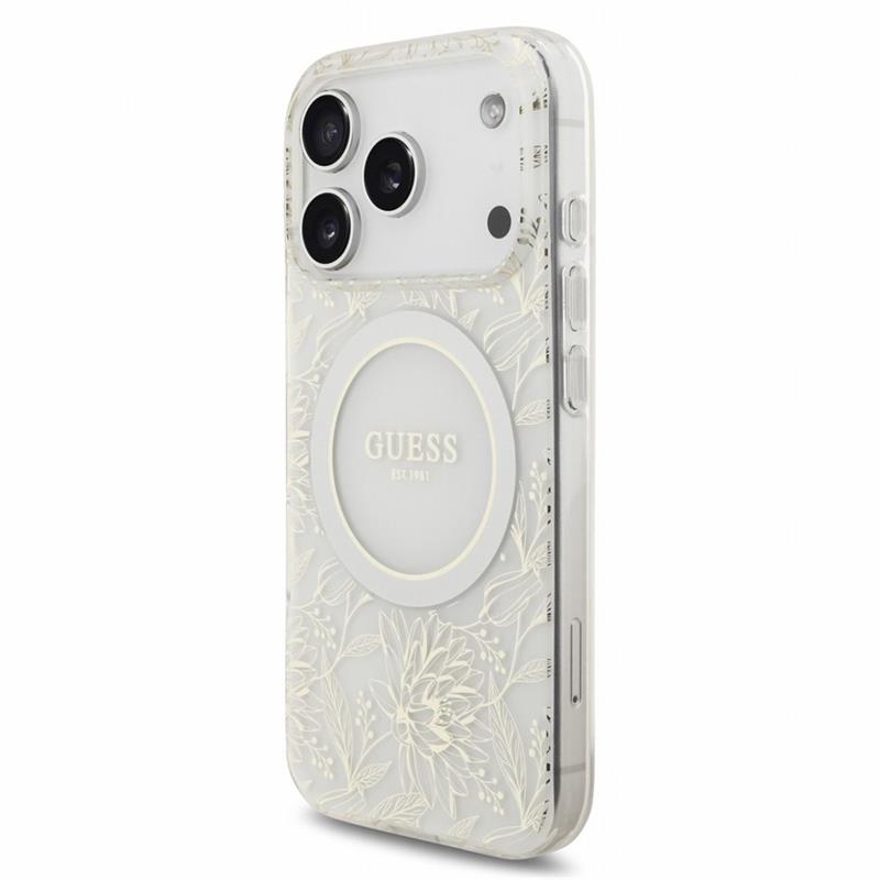 Guess IML Flowers Allover Strap MagSafe kryt iPhone 18 Pro biely 