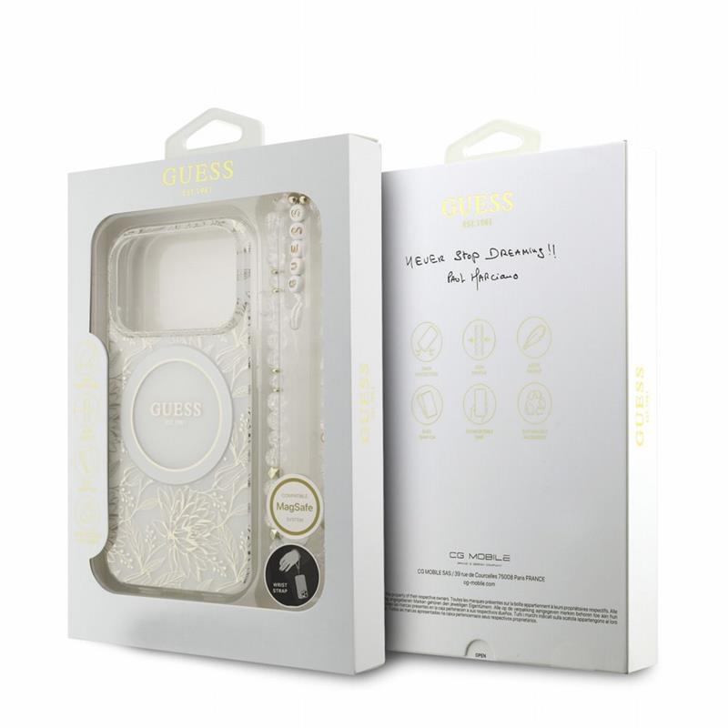 Guess IML Flowers Allover Strap MagSafe kryt iPhone 18 Pro biely 