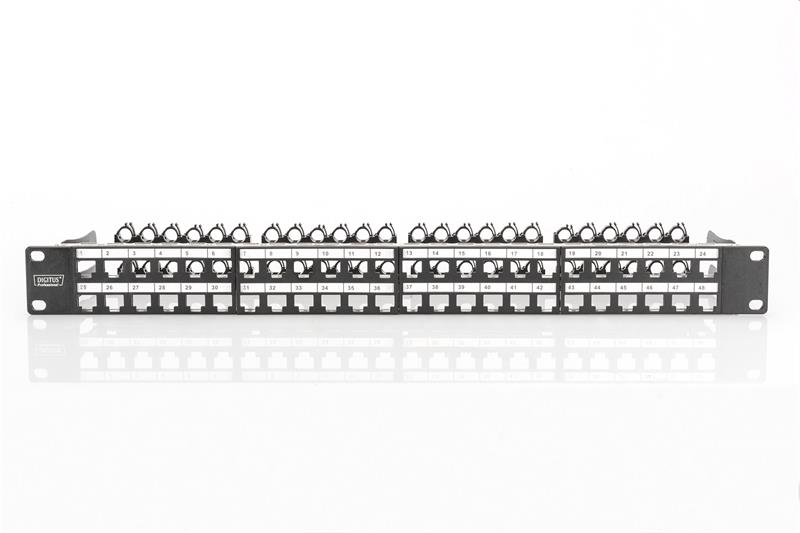 DIGITUS 19" modulárny patch panel 48port 1U vhodný pre UTP i STP keystony, čierny RAL9005 