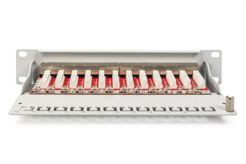 DIGITUS 10" patch panel 12port 1U Cat6A, STP, Krone LSA+, vyväz. lišta, sivý RAL7035 