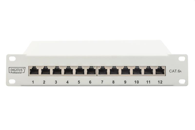 DIGITUS 10" patch panel 12port 1U Cat6A, STP, Krone LSA+, vyväz. lišta, sivý RAL7035 