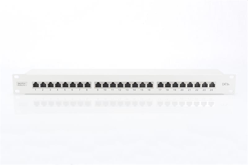DIGITUS 19" patch panel 24port 1U Cat6A, STP, Krone LSA+, vyväz. lišta, sivý RAL7035 