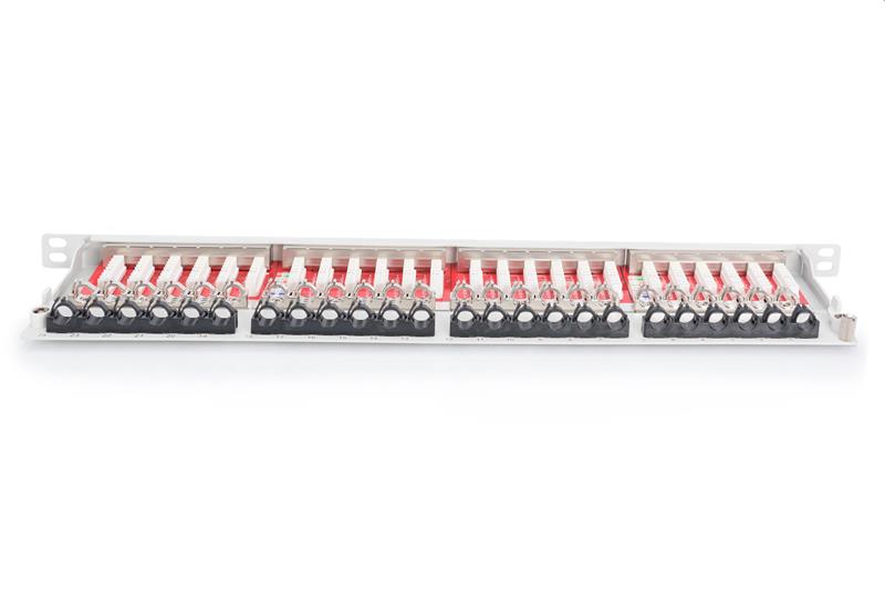 DIGITUS 19" patch panel 24port 0,5U Cat6A, STP, Krone LSA+, vyväz. lišta, sivý RAL7035  