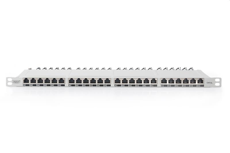 DIGITUS 19" patch panel 24port 0,5U Cat6A, STP, Krone LSA+, vyväz. lišta, sivý RAL7035  