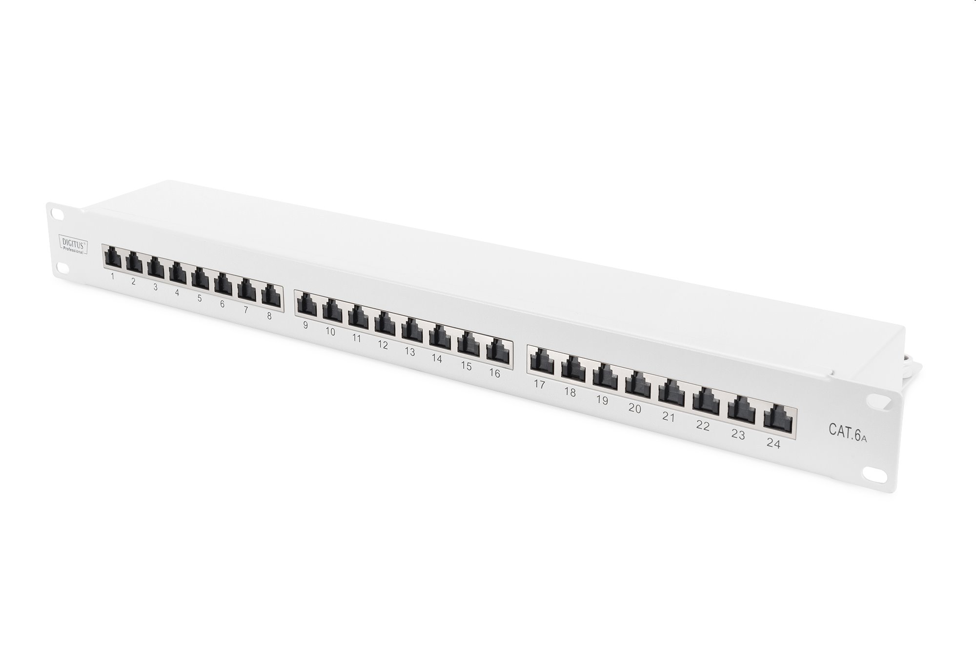 DIGITUS 19" patch panel 24port 1U Cat6A, STP, Krone LSA+, vyväz. lišta, sivý RAL7035