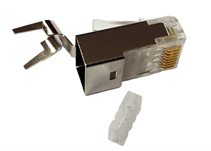 Tienený konektor STP RJ45-8p8c,50µ" Au, drôt/lanko, skladaný, Cat6A, (100ks)